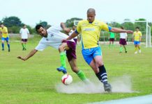 Establishing bragging and bagging rights Bunyip’s Reggie de Silva and Pakenham’s Kurt Adams vie for the ball in the Strikers’ 2-0 pre-season friendly win. 91547 Picture: JARROD POTTER